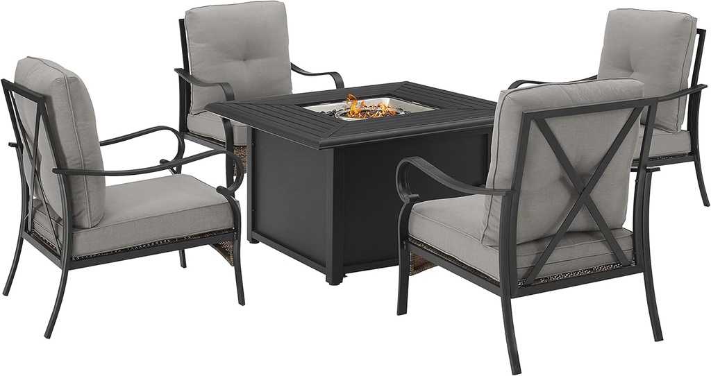 Crosley Furniture Dahlia 5-Piece Outdoor Chair Patio Furniture Set with Propane Gas Fire Pit Table, Matte Black with Taupe Cushions