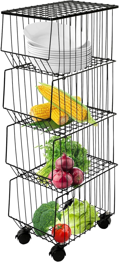 Bepritm Snack Vegetable Baskets for Kitchen, 4-Tier Metal Storage Carts with Wheels, Fruit Basket Stand Utility Rack Storage Organizer Cart for Pantry, Bathroom, Room, Garage