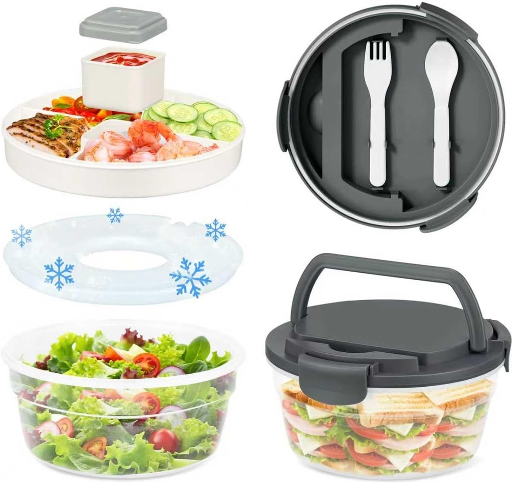 All-in-One Salad Lunch Container, Bento Lunch Box 57.5-oz Salad Bowls with 4 Compartments Tray, Ice Pack, BPA-Free Snack Container with Sauce Container for Dressing(Grey)