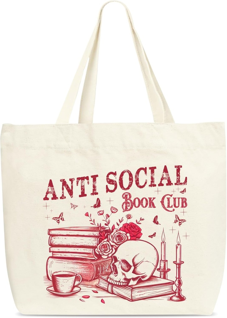 Books Skeleton Tote Bags, Anti Social Book Club Shopping Bag For Women, Bookish Gifts For Friends Colleagues Book Lovers Read Lovers Reader, Shoulder Bag For Library Book Store Read Room -A07