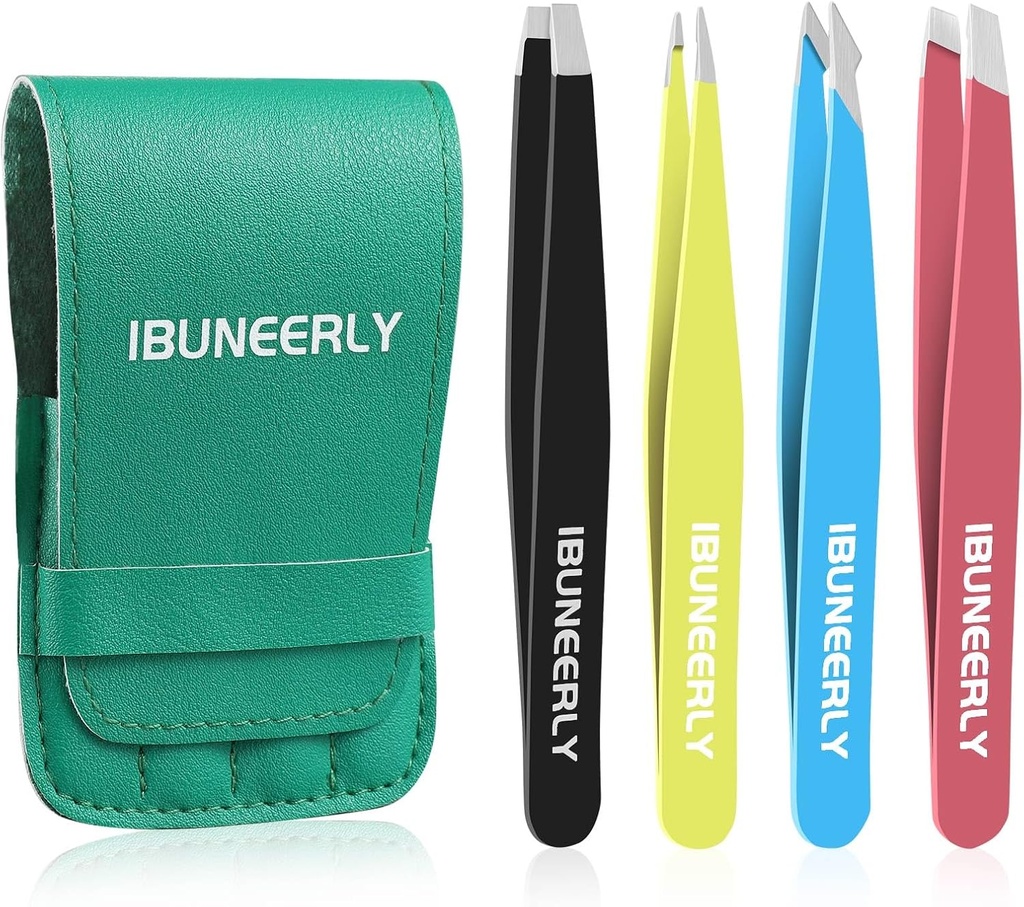 Eyebrows Tweezers Set, 4Pcs Stainless Steel Tweezers for Women with Travel Case, Great Precision for Ingrown Hair, Facial Hair and Splinter Removal