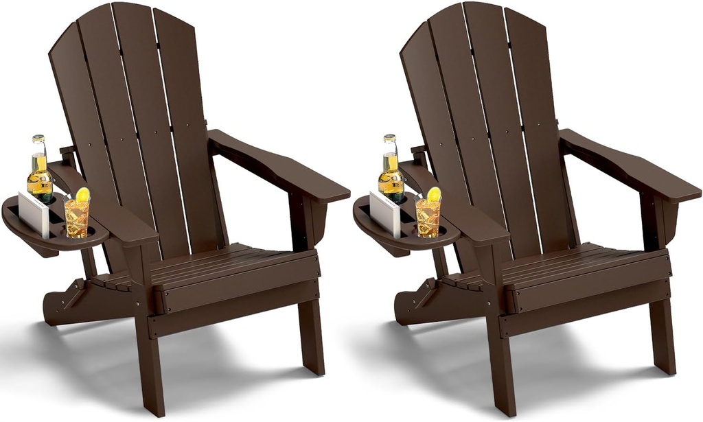 Adirondack Chair Set of 2, HDPE Folding Adirondack Chair with Multifunctional Cup Holder, Weather Resistant Fire Pit Chair for porches, patios, patios, poolsides, Decks.