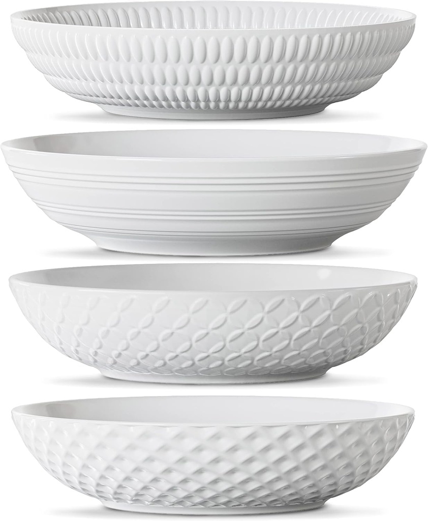 Maison Neuve Set of 4 White 34oz Porcelain Dinner Bowls - Dishwasher - Safe Textured 8.5" Bowls For Soup, Pasta, Cereal