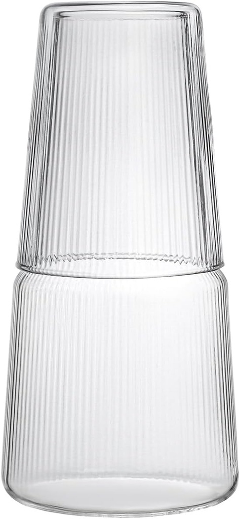 Sizikato 26 Oz Clear Striped Borosilicate Glass Bedside Night Water Carafe with Tumbler Glass.