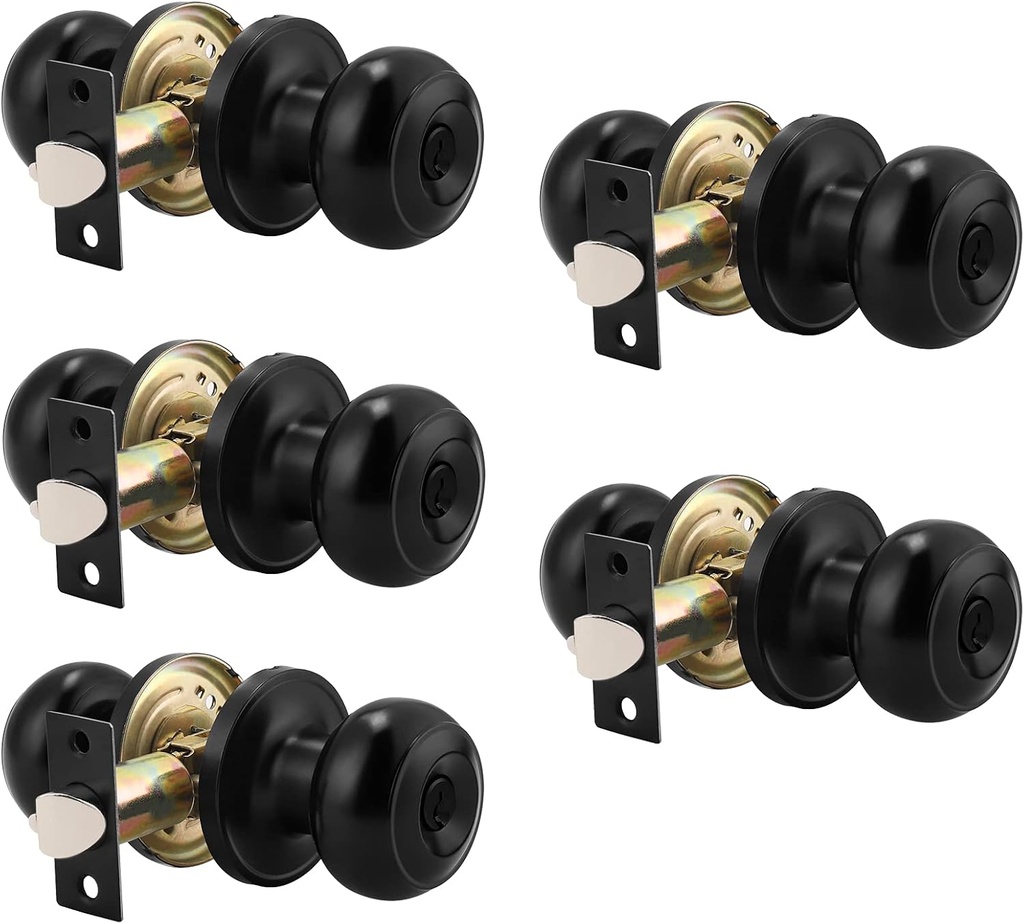 Probrico (5 Pack) Black Round Entry Door Knobs Keyed Alike, Exterior/Interior Door Handles Bedroom Bathroom/Front/Offic Doors, Door Lock with Locks and 3 Combo Keys Lock Security