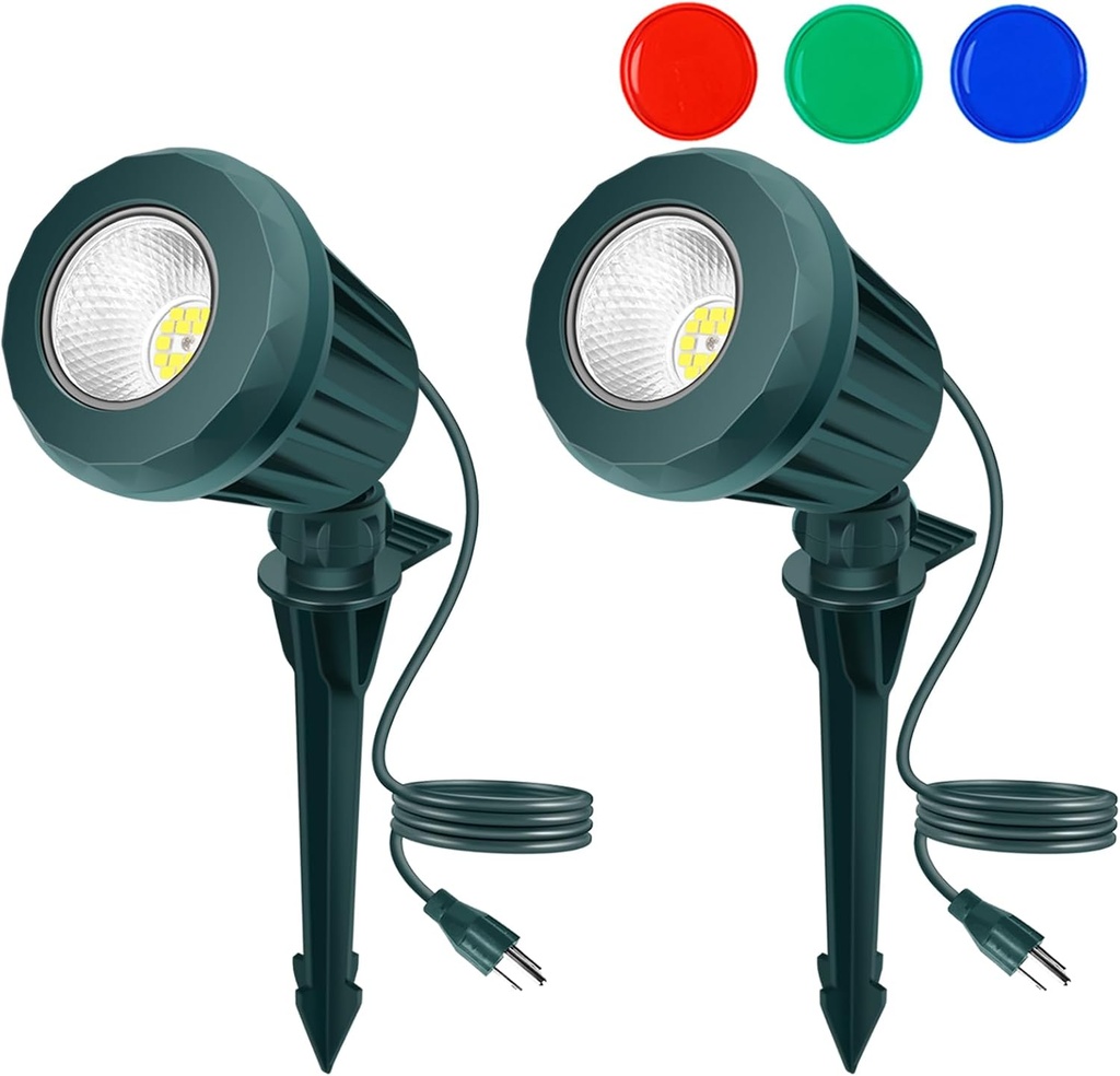Halloween Spotlight Outdoor, 2700K Warm White LED Landscape Spot Lights with RGB 3 Lenses, IP67 Waterproof, 120V Plug-in for Holiday & Everyday Decor in Yard Garden Lawn Tree(2 Pack, Green)