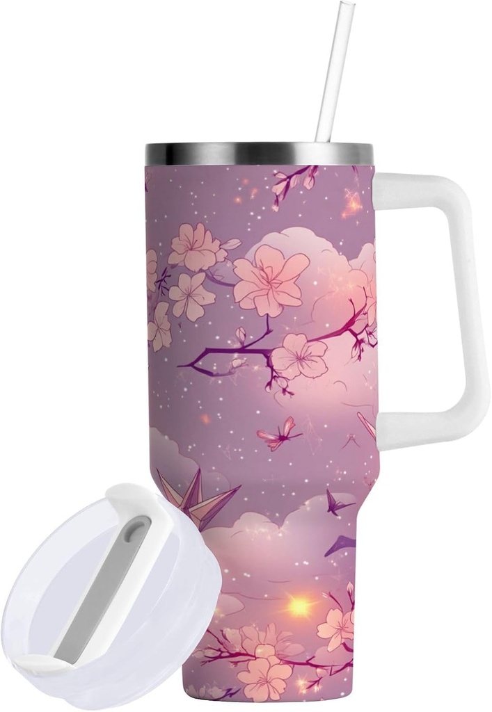 Tumbler with Handle 40 oz Cherry Blossom Vintage Flower Travel Mug with Lid and Straw Stainless Steel Vacuum Insulated Water Bottle Cup for Iced Tea Coffee Cold Beverages Cup Holder Friendl