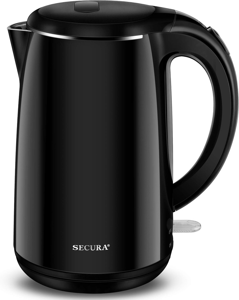 Secura Original Stainless Steel Double Wall Electric Water Kettle 1.8 Quart with Auto Shut-Off & Boil-Dry Protection, Black Onyx SWK-1701DA/HB-3227B