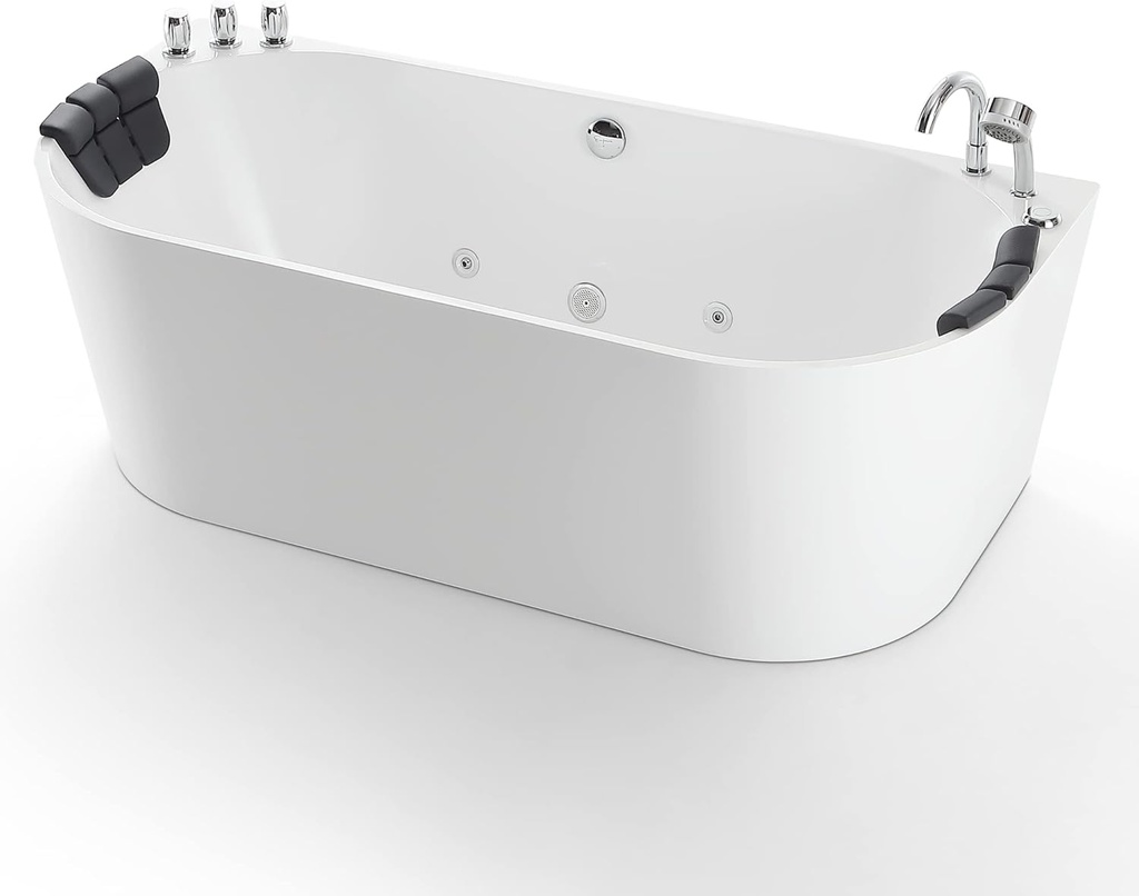 67 in. Acrylic Freestanding Bath Tub Hydromassage Gracefully Oval Shaped 8 Water Jets Soaking SPA, Double-Ended Massage Bathtubs with Two Black Pillow , White