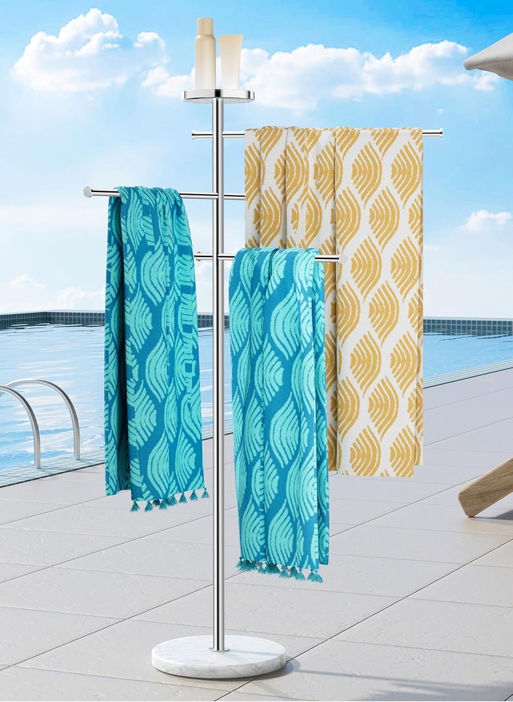 KES Outdoor Towel Tack for Hot Tub, Pool Towel Rack Outdoor with Natural Marble Base 59" H 18/8 Stainless Steel Adjustable 3 Arms with Storage Tray, Polished Finish, OTR200