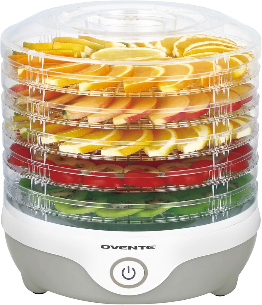 OVENTE Food Dehydrator Machine with 5 Stackable Clear Trays and Drying Space, 240W Electric Food Preserver and Dryer for Snacks, Beef Jerky, Fruits, Veggies, Yogurt and Herbs, Grey DF215GY
