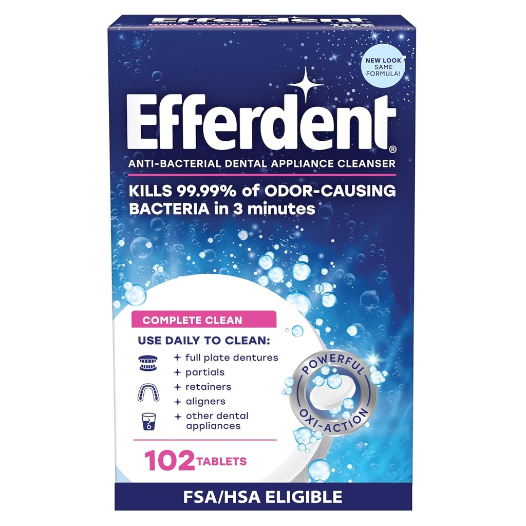 Efferdent Retainer Cleaning Tablets, Denture Cleanser Tablets for Dental Appliances, Complete Clean, 102 Tablets