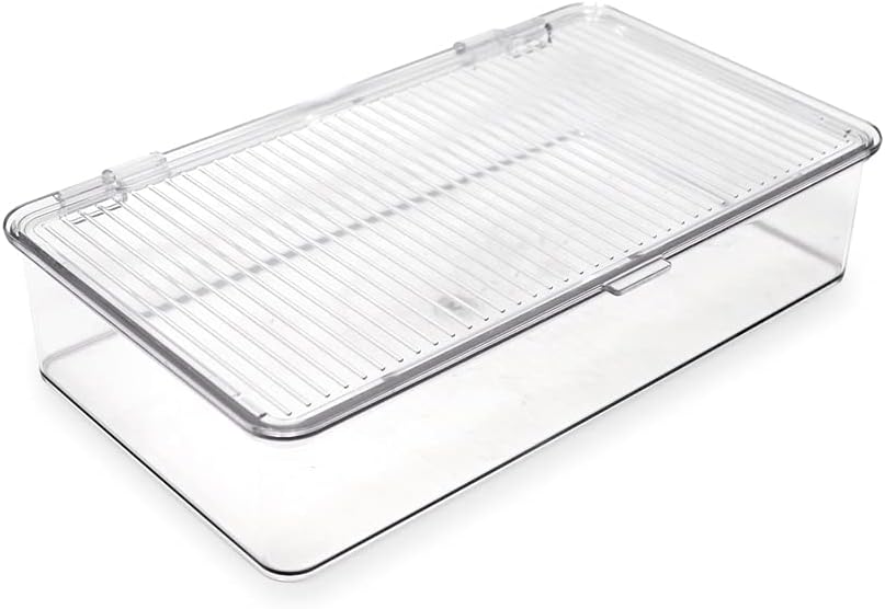 Isaac Jacobs Small Stackable Organizer Bin (10.75” x 6.5” x 2.4”) w Hinged Lid Clear Storage Box Home Office School Fridge Bathroom Kitchen Pantry Container BPAFree Food Safe (Small Clear)