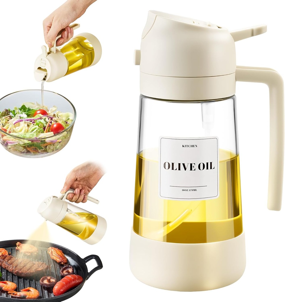 PARACITY Oil Dipenser Bottle with Silicone Bottom, 2 in 1 Olive Oil Sprayer and Dispenser, Oil Spray Bottle 500ML/ 17OZ for Cooking, Kitchen, BBQ, Air Fryer, Salad, Baking(1PC White)