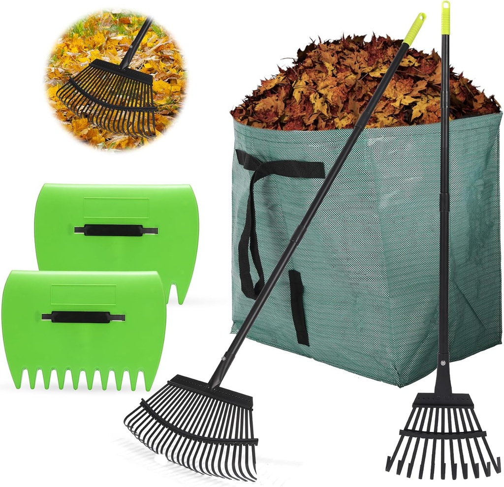 2 PC Adjustable Rake for Leaves, 25+11 Tines Metal Leaf Rake Heavy Duty, Garden Rakes, Yard Rakes Set with 39 Gallon Leaf Bag, Leaf Grabbers, Gloves for Lawn Care, Gardening Cleanup, Outdoor Camping
