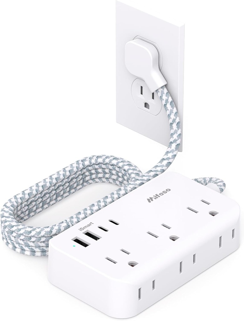 Power Strip Extension Cord - 6 Outlets and 4 USB (2 USB C), Braided Cord with Ultra Thin Flat Plug, Wall Mount, Overload Protection, Travel, Cruise Ship, Dorm Room Essentials (5FT, White)