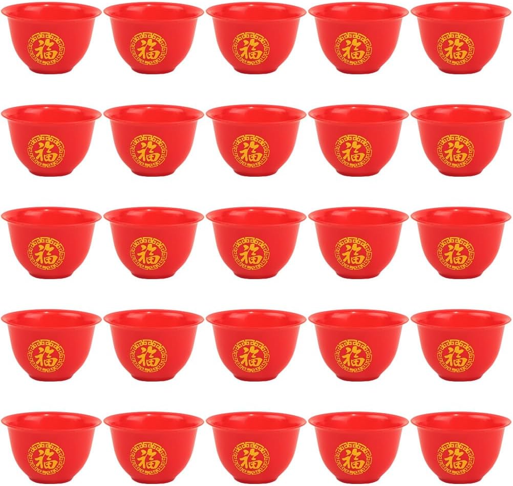 Kichvoe 50pcs Chinese Wedding Cups - Red Plastic Wine Shot Cups - Chinese Drinking Mug for Traditional Wedding Party Supplies Good Fortune Design