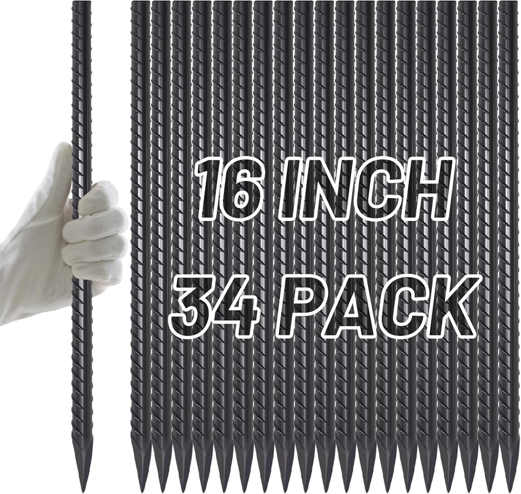 AAGUT Rebar Stakes 16 inch (34pcs) Heavy Duty 3/8” Ground Anchors Steel Garden Stakes Metal Straight Camping Tent Spikes with Chisel Point End for Hard Soil, Black Powder Coated