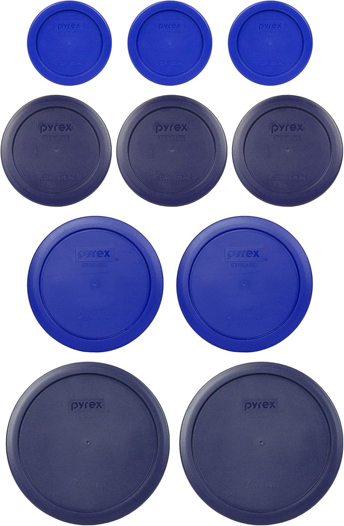 Pyrex (2) 7402-PC 6/7 Cup Blue, (2) 7201-PC 4 Cup Cadet Blue, (3) 7200-PC 2 Cup Blue, (3) 7202-PC 1 Cup Cadet Blue Replacement Food Storage Lids, Made in USA
