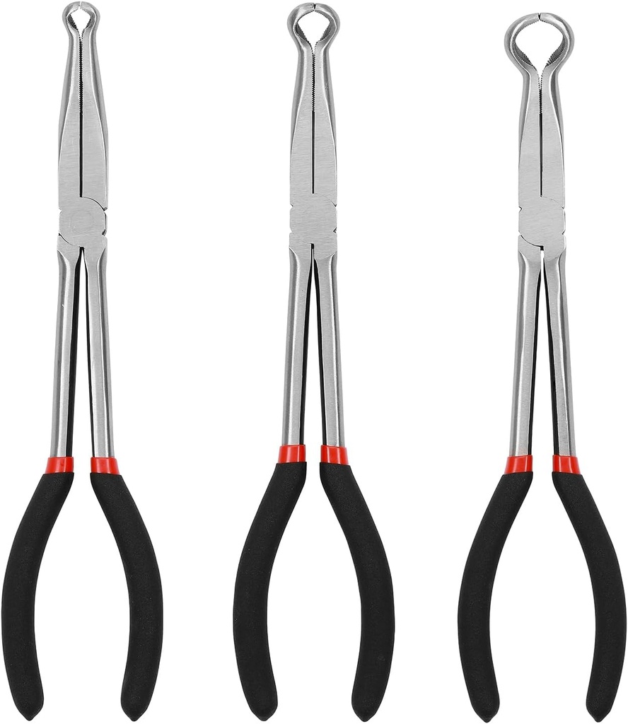 Mayouko 3PCS 11" Long Reach Hose Grip Pliers Set, 5/16 Inch, 1/2 Inch, 3/4 Inch Ring Nose Hose Gripper Pliers Kit, Carbon Steel Offset Spark Plug Boot Removal Pliers for Narrow Space