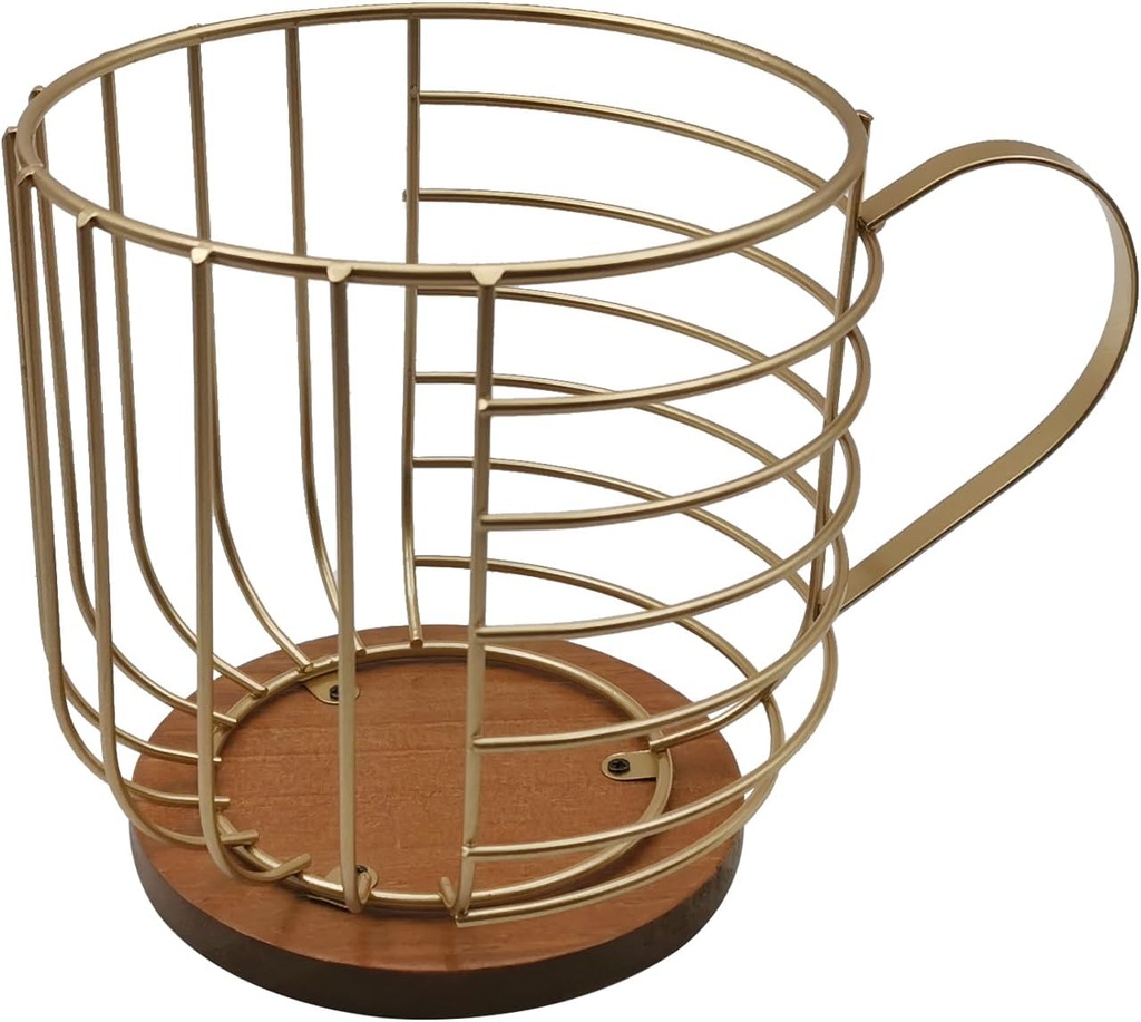 Large Capacity Wire Kup Storage with Wooden Base, Mug Shape Wire Storage Basket for Home Cafe Bar Countertop Kitchen Decor Storage Accessories Gold