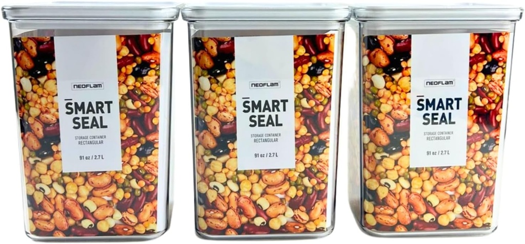 Neoflam Airtight Smart Seal Food Storage Container (Set of 3) | Crystal Clear Body | Modular, Stackable, Nestable Design | Easy to Clean, BPA Free (2.7L, Rectangular)
