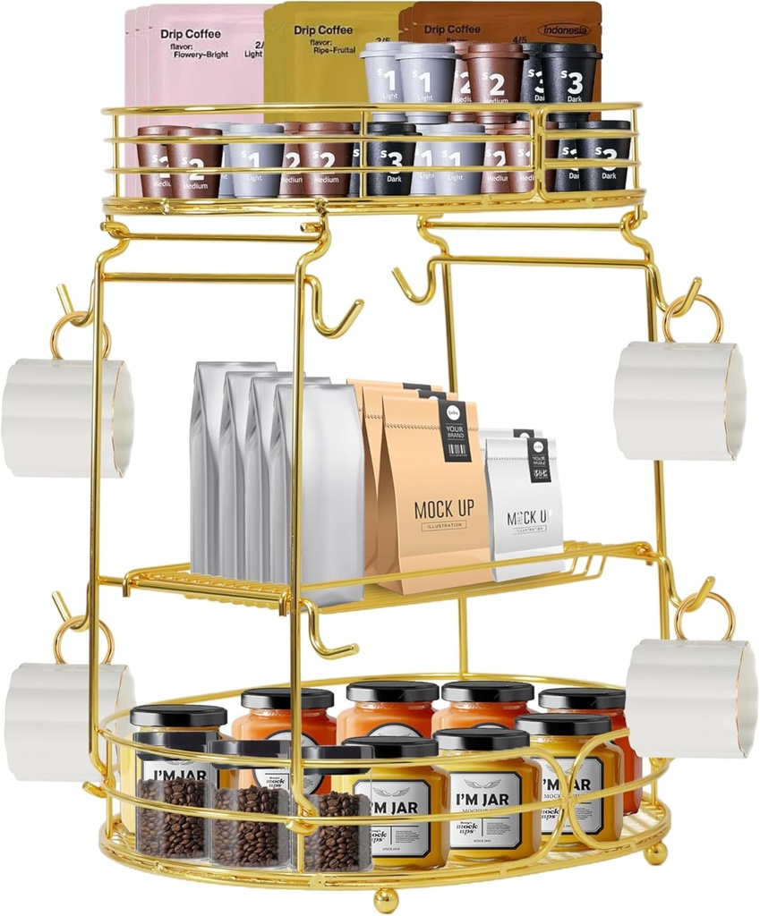 Coffee Bar Organizer,3 Tier Coffee Bar Organizer coffee mug holder, Multi-functional Coffee Mug Cup holder, coffee station organizerAccessory Storage Rack with 8 Hooks(Gold)