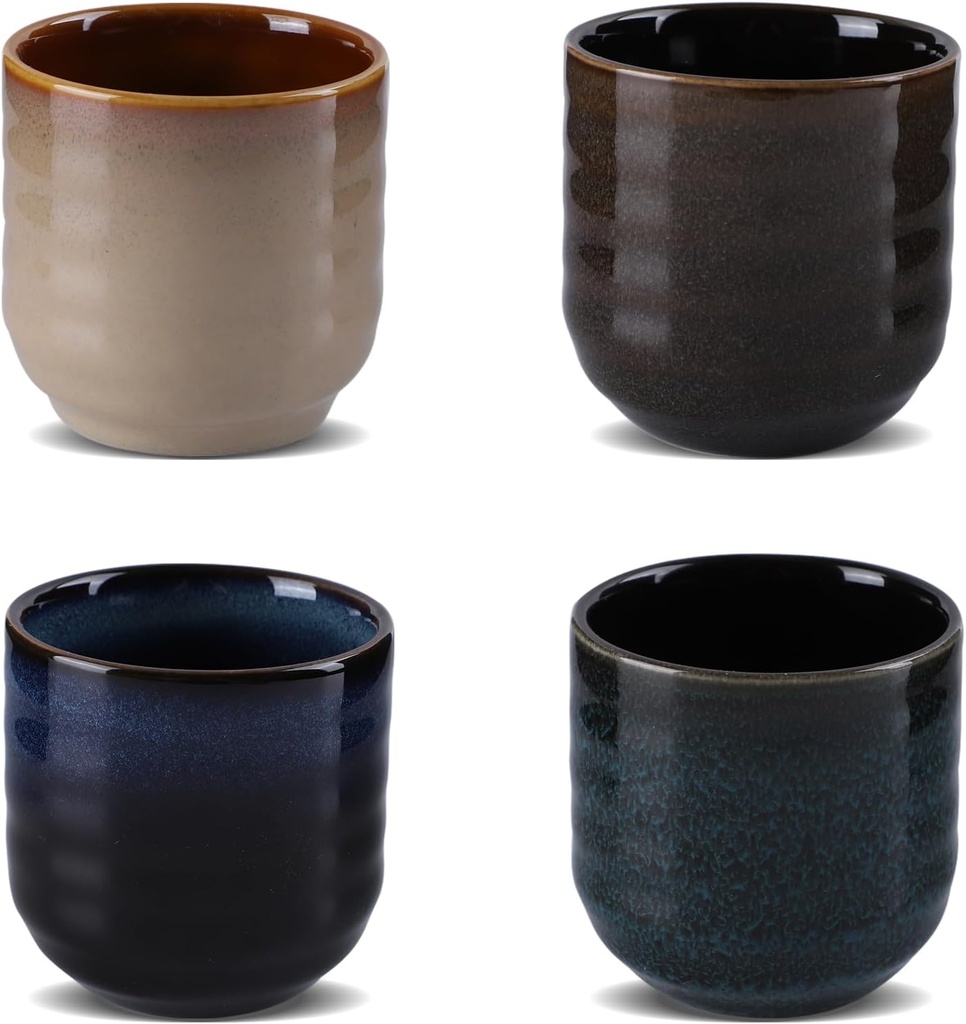 Japanese Tea Cups Set of 4, 6.8 Oz Handmade Ceramic Tea Cup without Handles, Sake Cups, Yerba Mate Mugs, Ceramic Cups for Tea, Coffee, Espresso (4 Colors)