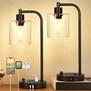 Set of 2 Industrial Table Lamps with USB Port, Fully Stepless Dimmable Bedside Lamps for Bedrooms, Nightstand Desk Lamp with Clear Glass Shade for Reading Living Room Office 2 LED Bulb Included