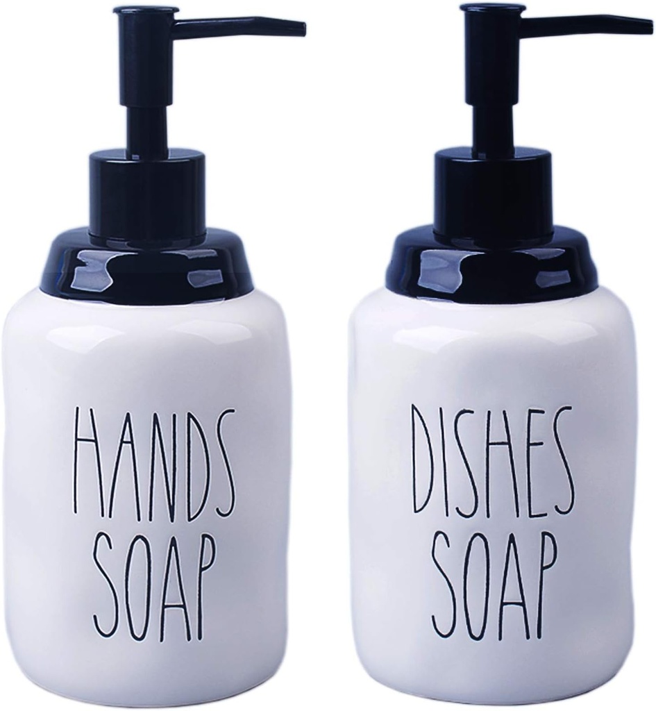 Dishes and Hands Soap Dispenser Set – Farmhouse Style Ceramic Liquid Dispenser Bottles, Perfect for Kitchen Counter or Kitchen Sink Décor (16oz, White Bottles with Black Pump and Lettering)