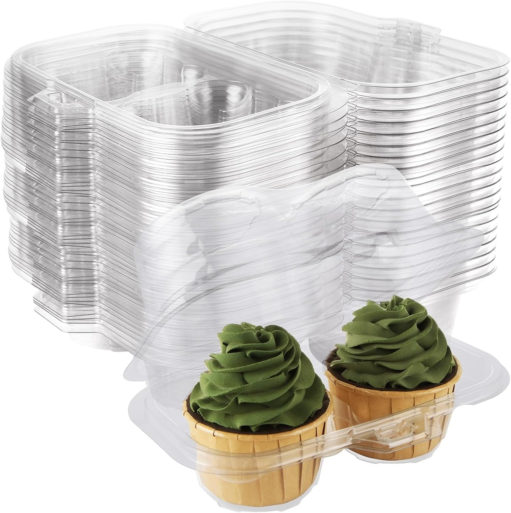 100PCS Cupcake Containers 2 Count Clear Cupcake Boxes Disposable Cupcake Holder with Lid Plastic Cupcake Containers 2 Cavity High Topping Cupcake Containers for Cupcakes Muffins Pies