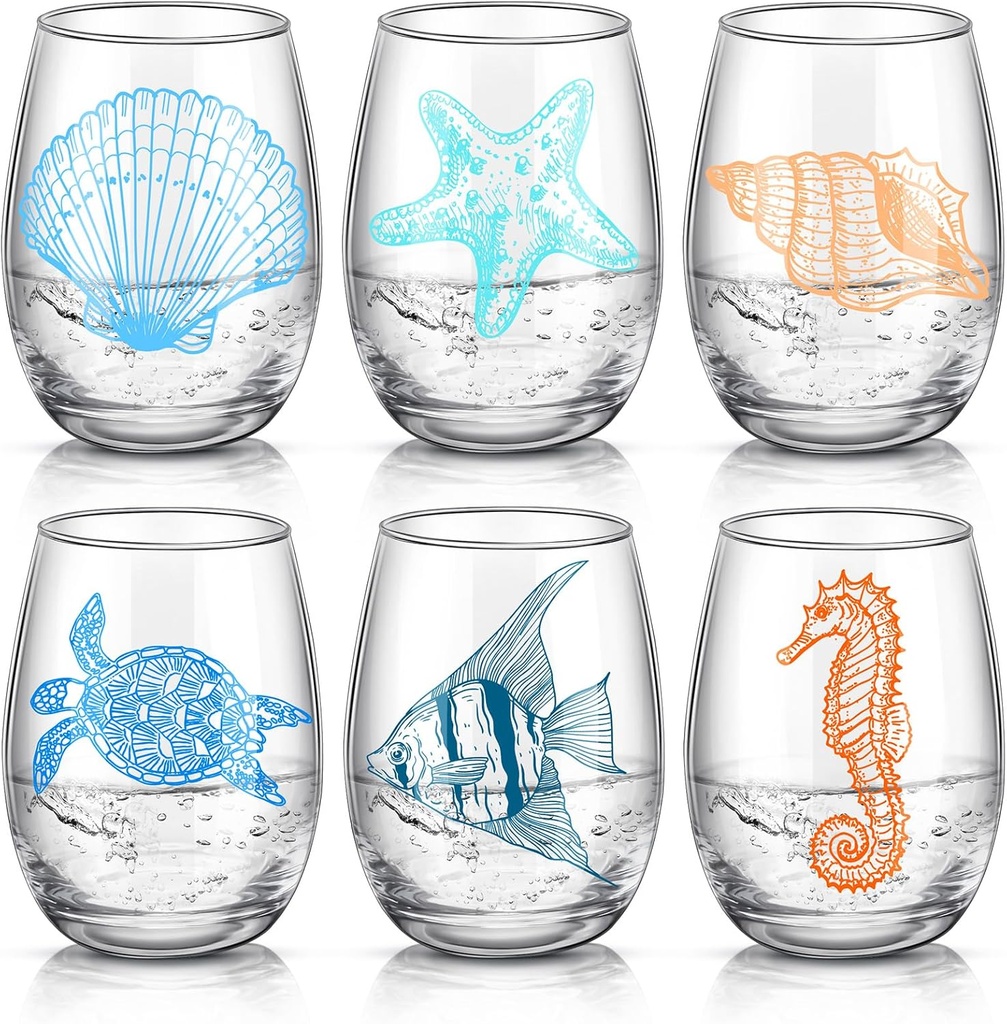 6 Pcs Ocean Stemless Wine Glasses Sea Beach Turtle Starfish Sea Conch Seashore Glassware Bottle Glass Cute No Stem Drinking Glassware for Women Men Christmas Birthday Wine Lovers Gifts