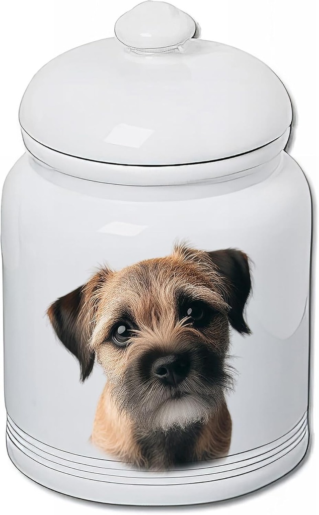 Best of Breed Border Terrier Dog and Cat Ceramic Treat Jar 9" Tall Air Tight Seal All White
