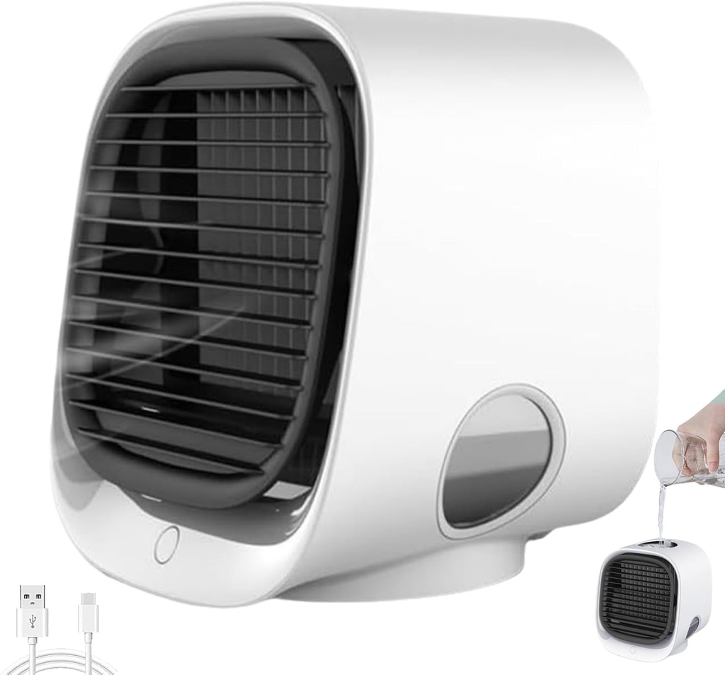 Fan, Air Cooler with LED Nightlight & Tank, 3 Speeds, Instant Cooling and Soothing Fresh, Portable Air Conditioner, Compact AC for Bedroom