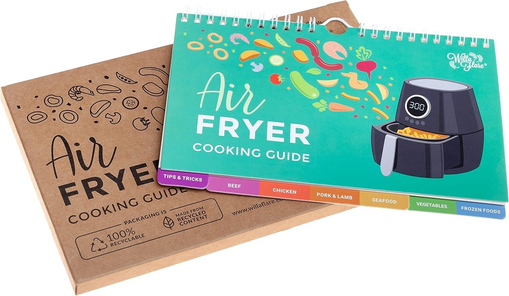 Willa Flare Air Fryer Magnetic Cheat Sheet Cooking Times Reference Guide for 80 Foods - Flip Chart and 6 Vinyl Decal Stickers | Perfectly Fry Family Favorites like Pizza, Chicken Nuggets, French Fries