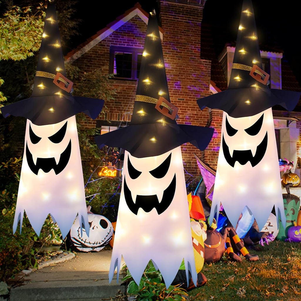 Halloween Decorations, 3PCS Outdoor Decor Hanging Lighted Glowing Ghost, Outdoor Indoor Wind Sock Ornaments for Yard Tree Garden Halloween Party Favors (White)