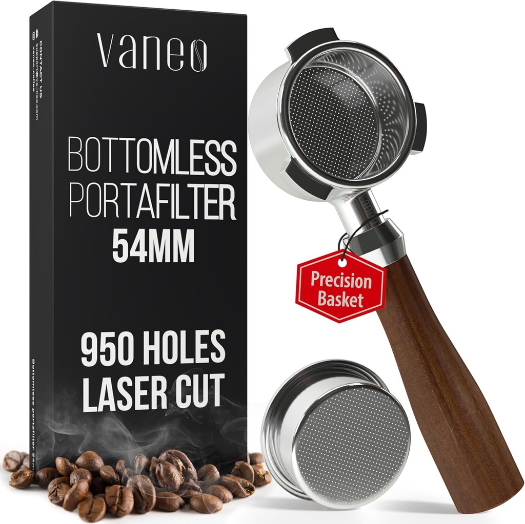 54mm Bottomless Portafilter 18-21g Precision Basket with 950 Laser-Cut Holes for High Extraction Compatible for Breville Barista Express, Pro, Touch, Impress, Bambino, Bambino Plus and Infuser
