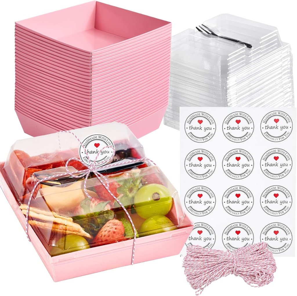 50 Pack Clear Treat Boxes with Forks - Small Dessert Boxes To Go - 5 Inch Disposable Paper Mini Containers for Cookie, Cake Slice, Charcuterie, Bakery, Strawberry, Baked Goods Packaging (Pink)