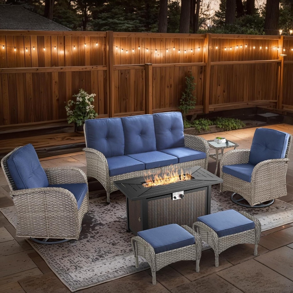 7 Piece Patio Furniture Set with Fire Pit Table - Wicker Patio Conversation Set with Swivel Glider, 3 Seat Sofa, Side Table and 2 Ottomans for Deck Backyard - Grey Wicker Blue Cushion