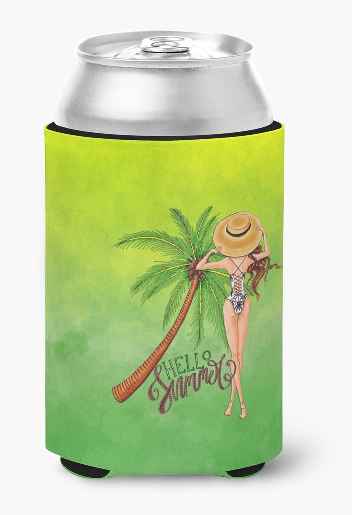 Caroline's Treasures BB7452CC Hello Summer Lady in Swimsuit Can or Bottle Hugger Cooler Washable Drink Sleeve Collapsible Beverage Insulated Holder, Can Hugger, Multicolor