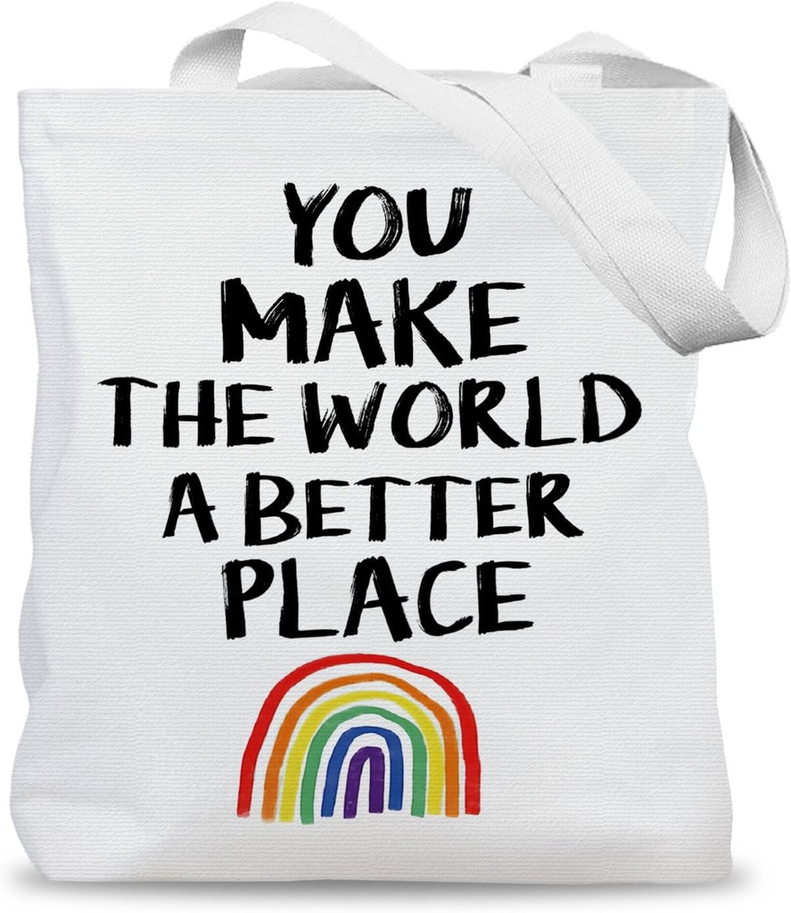 Inspirational Boho Rainbow Tote Bag, You Make the World a Better Place Canvas Tote Bags for Women, Positive Affirmation Gifts Reusable Grocery Shopping Bags