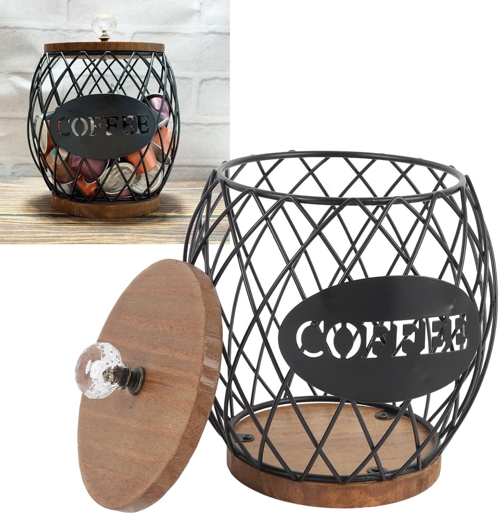Coffee Pod Holder with Lid, Large Capacity Wire K C up Storage with Wooden Base, Coffee Storage Basket for Kitchen Countertop, Cafe Bar Organizer (Black)