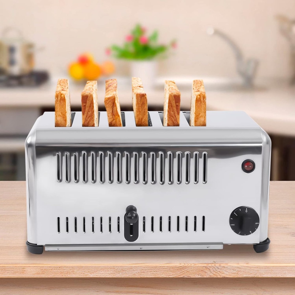 Commercial Toaster Stainless Steel Bread Baking Machine 6 Slices Electric Bread Baker 110V 1680W with Timing Function for Restaurant, Bakery, Dessert Store, Silver