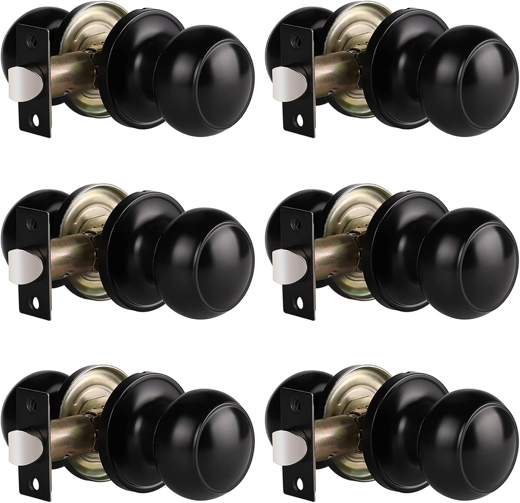 Gobrico 6 Pack Interior Door Knobs Matte Black Passage Door Knob for Closet Hallway Stainless Steel Door Handles Round Door Knob Flat Ball Keyless
