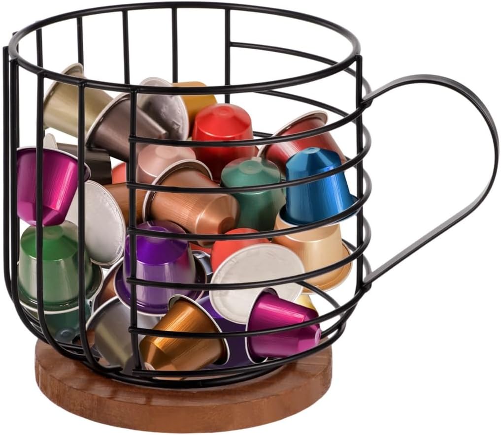 Coffee Capsules Storage Basket,Counter Coffee Caps Storage Coffee Pod Holder, Coffee Holder Wooden Base Large For Basket, Coffee Cafes, Base Countertop Coffee Coffee Filter Kitchen Organizer