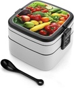 Adult Double-Layer Bento Box Fresh Vegetables Fruits Portable Lunch Box with Spoon And Invisible Handle Leakproof Microwave-Safe Food Container for Work Travel Camping