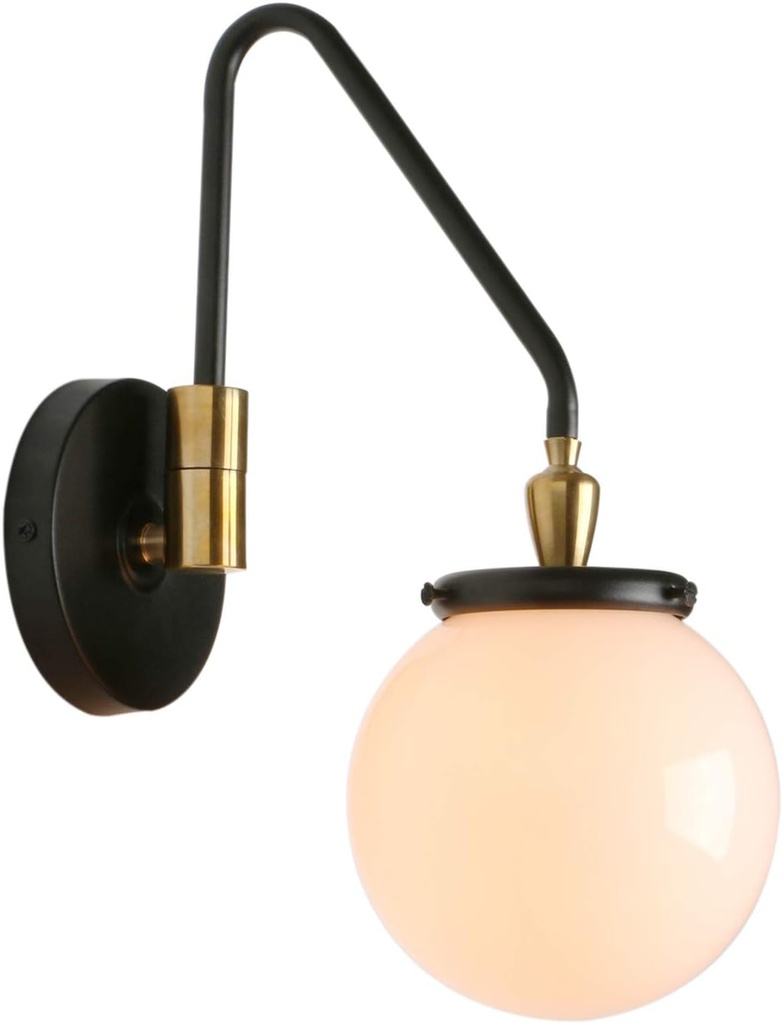 Pathson Swing Arm Hardwired Wall Sconce Light with Milk White Globe, Modern Adjustable Bedside Lamp Wall Vanity Lighting E26 Base, Wall Lamp Fixture for Living Room Bathroom(Black)