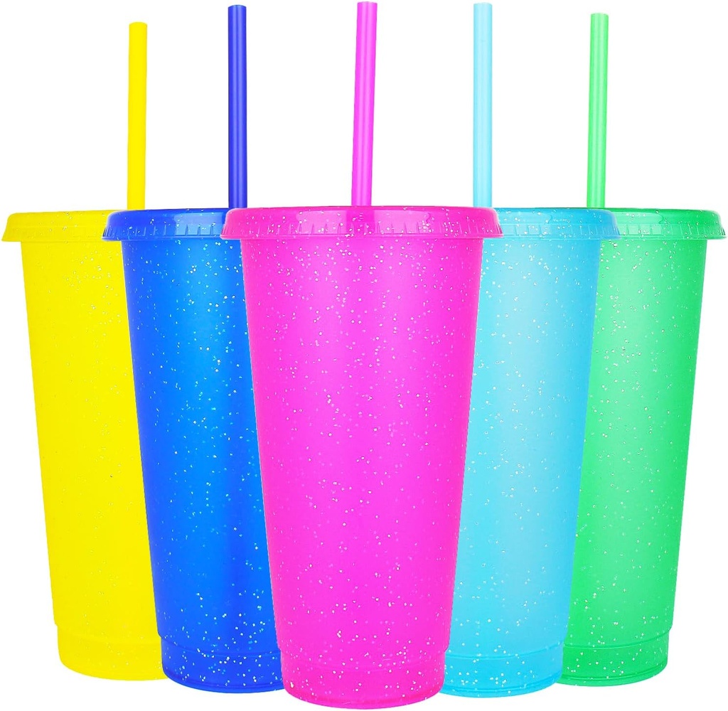 Suertestarry Plastic Tumblers with Lids and Straws Water Bottle Iced Coffee Travel Mug Cup Reusable Cups Perfect for Parties,Birthdays, 24oz-5 Pack (Sparkling Glitter)