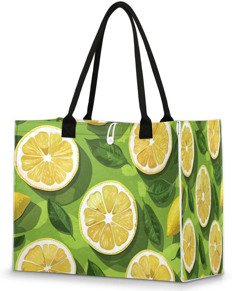 QsirBC Lemon Slice Leaf Large Beach Tote Bag for Women Adequate Capacity Kitchen Reusable Grocery Bag with Inner Zipper Pocket Travel Tote Handbag for Beach Pool Shopping Daily Use