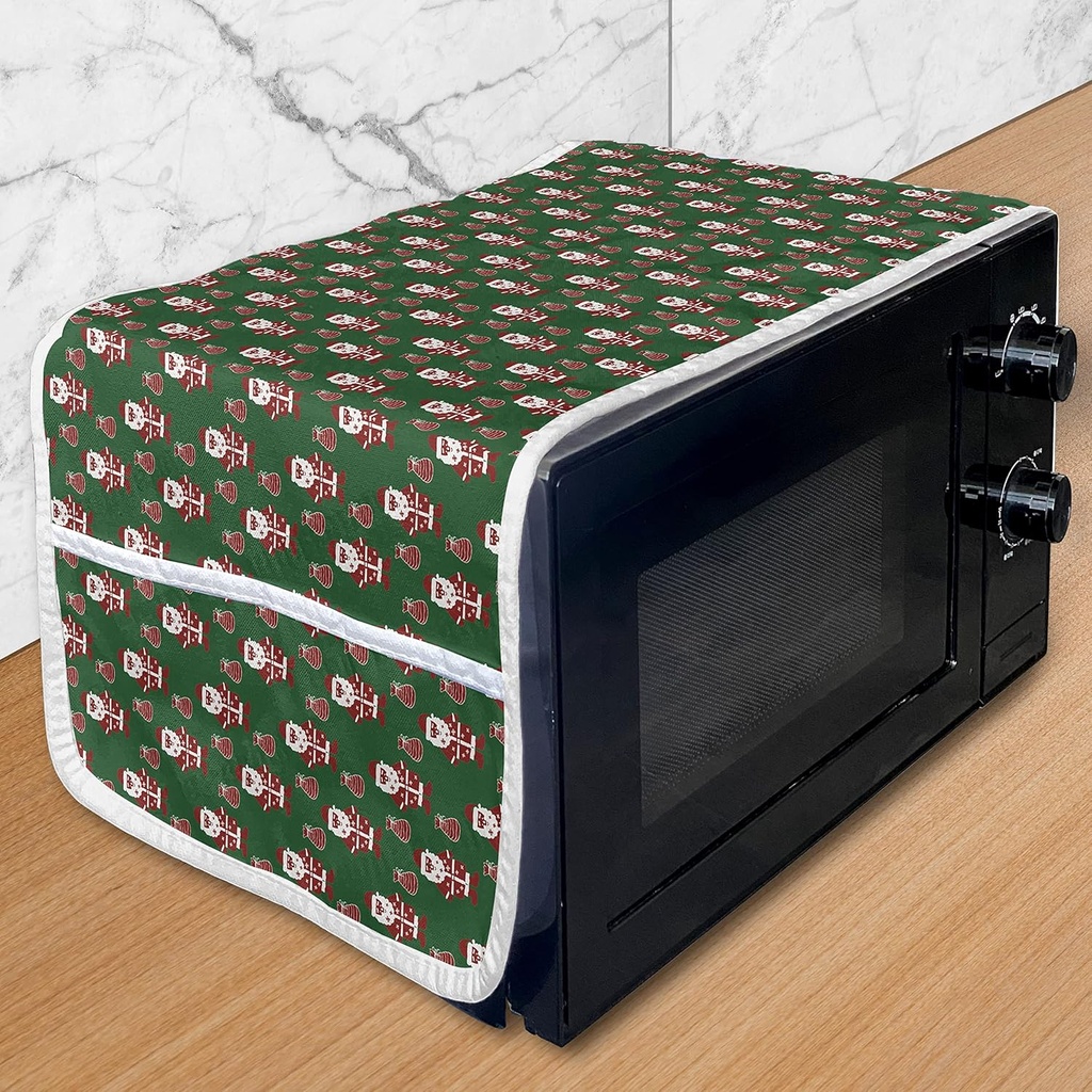 Ambesonne Geometric Microwave Oven Cover, Santa Claus Holding Present Bag on Vibrant Background Happiness, Water Resistant Organizer with Pockets for Kitchen, 36" x 12", Green Ruby White